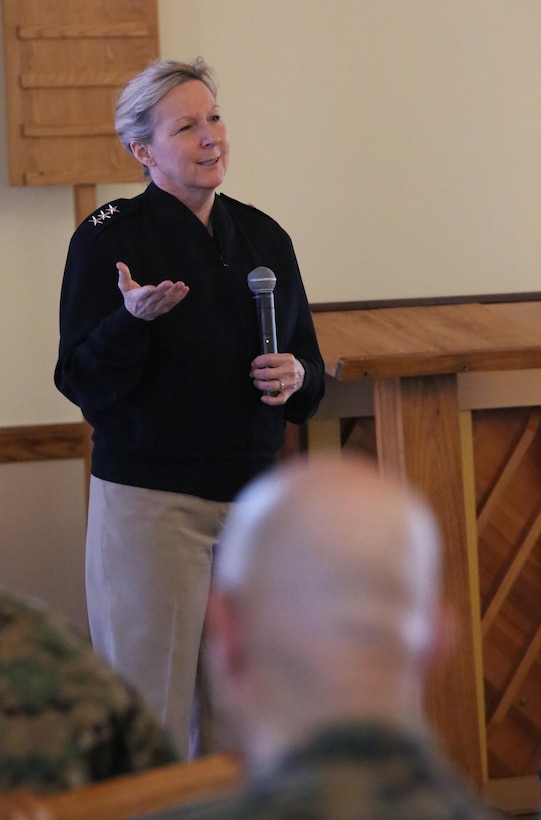 Vice Admiral Robin Braun, chief of the Navy Reserve, addresses Reserve chaplains and religious program specialists at the Marine Forces Reserve Chaplaincy Training seminar at Naval Air Station Joint Reserve Base New Orleans, Feb. 5, 2015. Braun spoke about the Navy Reserve’s goals for the next 10 years, including cultivating leadership, advancing technology, furthering force readiness and relevance, as well as upcoming changes to the Navy Reserve in light of its 100th anniversary on March 3, 2015. Established during World War I, the Navy Reserve’s mission is to deliver strategic depth and operational capabilities to the Navy, Marine Corps, and joint forces. The MARFORRES Chaplaincy training seminar focused on preparing chaplains and RPs throughout MARFORRES to support Reserve Marines across the world. 
