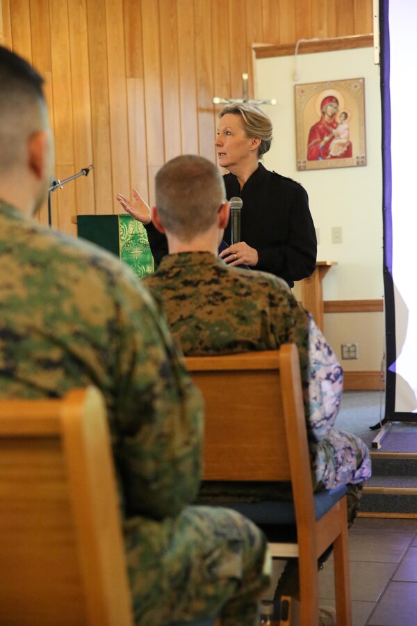 Vice Admiral Robin Braun, chief of the Navy Reserve, addresses Reserve chaplains and religious program specialists at the Marine Forces Reserve Chaplaincy Training seminar at Naval Air Station Joint Reserve Base New Orleans, Feb. 5, 2015. Braun spoke about the Navy Reserve’s goals for the next 10 years, including cultivating leadership, advancing technology, furthering force readiness and relevance, as well as upcoming changes to the Navy Reserve in light of its 100th anniversary on March 3, 2015. Established during World War I, the Navy Reserve’s mission is to deliver strategic depth and operational capabilities to the Navy, Marine Corps, and joint forces. The MARFORRES Chaplaincy training seminar focused on preparing chaplains and RPs throughout MARFORRES to support Reserve Marines across the world. 