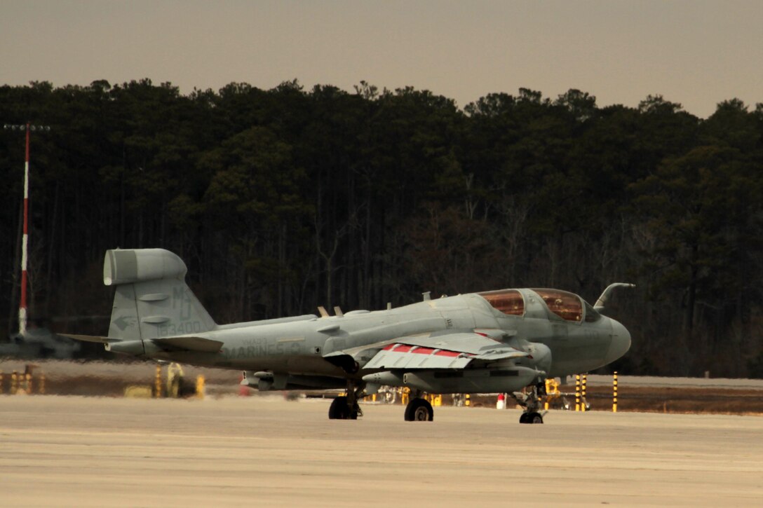 Marines with Marine Tactical Electronic Warfare Squadron 3 prepare to takeoff in a EA-6B Prowler at Marine Corps Air Station Cherry Point, N.C., Feb. 5, 2015. 
VMAQ-3 is an electronic warfare and counter-measure squadron and its Marines are trained to disrupt enemy forces' electronic capabilities. 
Cherry Point is home to 2nd Marine Aircraft Wing and several of its squadrons. Its runways operate 24/7, 365 days each year, and the air station hosts squadrons that specialize in air-to-ground attack support; heavy helicopter lift and transport; electronic warfare; aerial transport and refueling; and sea and land search and rescue.
