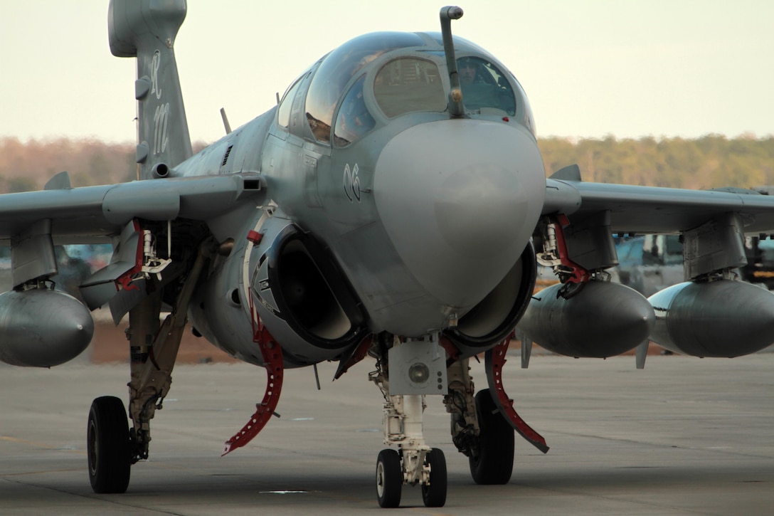 Marines with Marine Tactical Electronic Warfare Squadron 4 taxi on the flight line in an EA-6B Prowler at Marine Corps Air Station Cherry Point, Feb. 5, 2015.
VMAQ-4 is an electronic warfare and counter-measure squadron and its Marines are trained to disrupt enemy forces' electronic capabilities. 
Marines with the squadron returned to Cherry Point Feb. 5 after supporting operations in the U.S. Central Command's area of responsibility. 