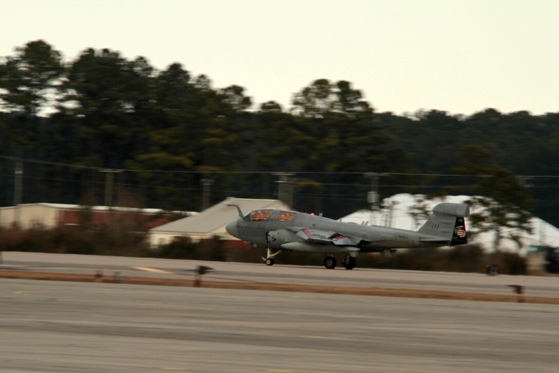 Marines with Marine Tactical Electronic Warfare Squadron 4 land in an EA-6B Prowler at Marine Corps Air Station Cherry Point, Feb. 5, 2015. 
VMAQ-4 is an electronic warfare and counter-measure squadron and its Marines are trained to disrupt enemy forces' electronic capabilities. 
Marines with the squadron returned to Cherry Point Feb. 5 after supporting operations in the U.S. Central Command's area of responsibility. 