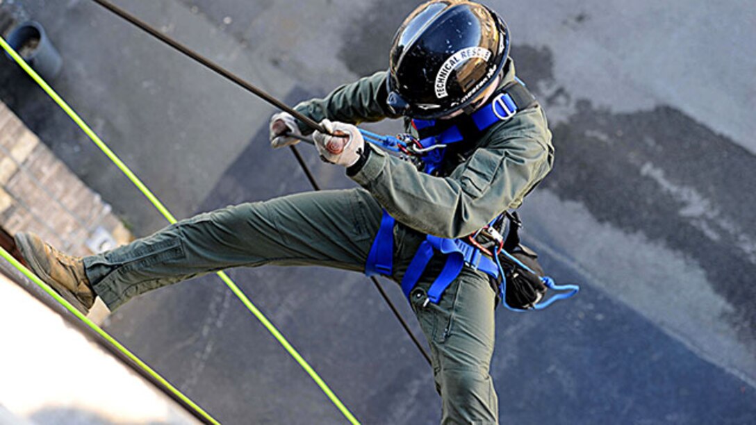 A Marine with Technical Rescue Platoon, Chemical Biological Incident Response Force, rappels down a tower, Feb. 3, at Henrico Fire Drill Facility in Glen Allen, Virginia. The training is part of a four-day event coordinated between CBIRF and the Henrico County Division of Fire to enhance and exchange technical rescue skills between the two.
