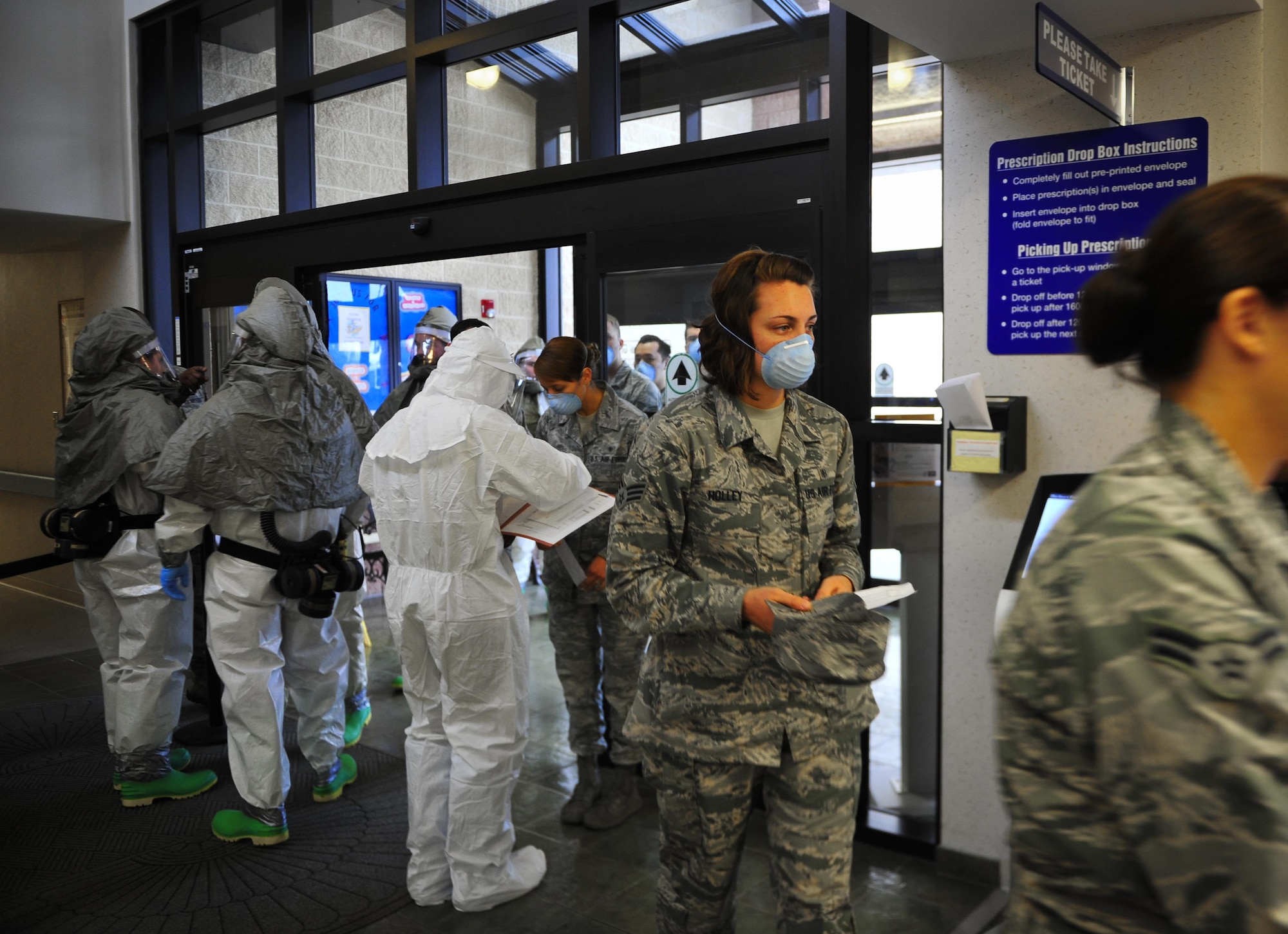 Airmen from the 1st Special Operations Medical Group participated in a disease containment exercise at Hurlburt Field, Fla., Feb. 4, 2015. The purpose of the exercise was to ensure all medical personnel are properly trained to react to a disease outbreak on base as well as in the community. (U.S. Air Force photo/Senior Airman Christopher Callaway)