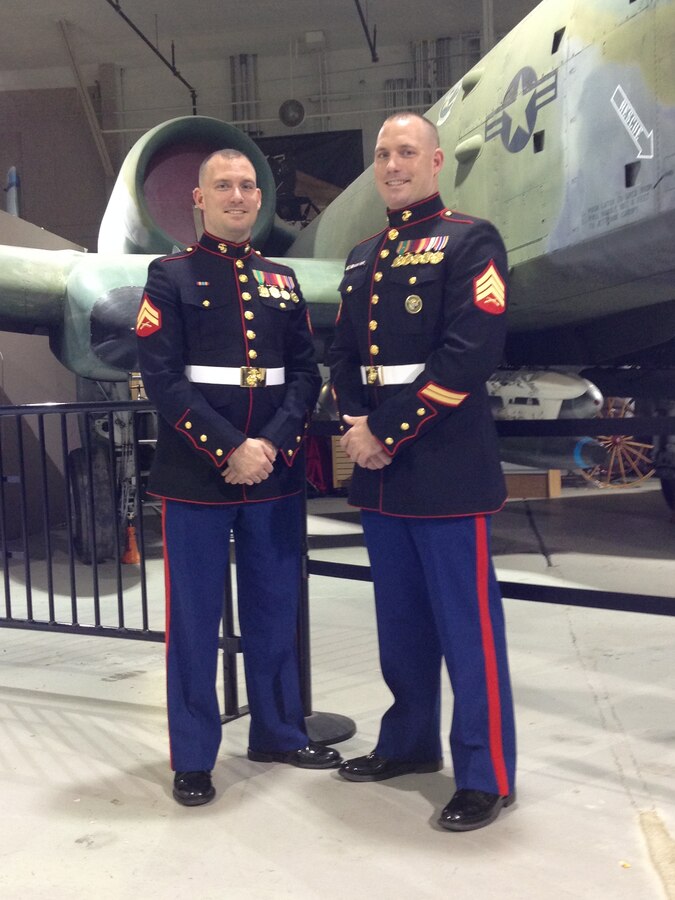 Cpl. James Ritcheson (left) and Sgt. Joseph Ritcheson (right) pose for a picture during 1st Marine Corps District’s 239th Marine Corps Birthday Celebration, Nov. 9, 2014, at the Cradle of Aviation Museum. Joseph is an information systems management technician with U.S. Central Command. Joseph is an administrative specialist with 1st Marine Corps District.
