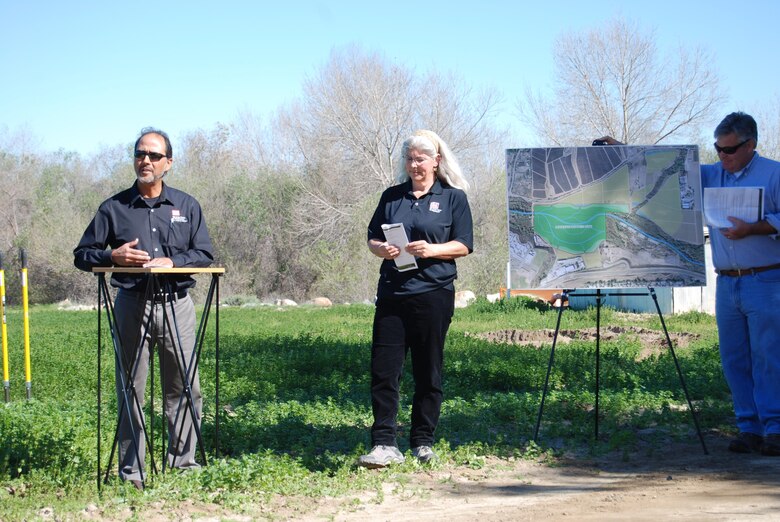 David Castanon, (left) chief of the Los Angeles District’s Regulatory Division, and Therese Bradford, chief of the District's South Coast Regulatory Branch, speak to representatives at the Feb. 6 groundbreaking for the San Luis Rey wetland mitigation bank near Bonsall.