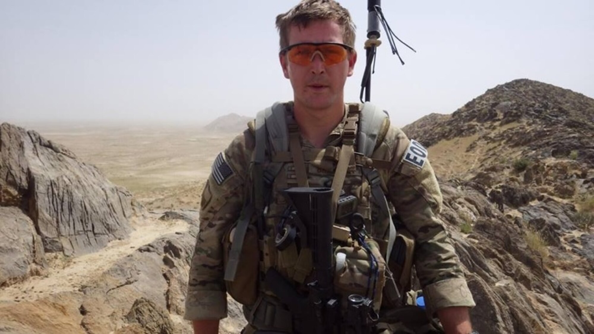 Senior Airman TJ Brantley, 2nd Civil Engineer Squadron Explosive Ordnance Disposal technician, poses for a photo during his deployment in Afghanistan, May 2014. Brantley is being honored in Portraits in Courage volume IX for his efforts during a 10-hour mission, where he suffered a traumatic brain injury and continued to stay in the fight providing cover fire and exposing his body to protect the wounded.  For his courageous action, Brantley has been submitted for the Bronze Star Medal with Valor.  He was awarded the Air Force Combat Action Medal and the Purple Heart. (courtesy photo)