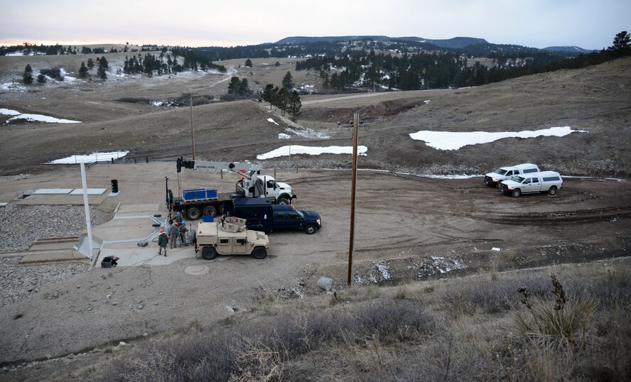 Airmen from the 341st Missile Maintenance Squadron worked to keep the launch facilities in the missile field working at optimal levels Feb. 2. Their work included swapping out batteries which keep the LFs running, removing one missile and replacing another. Maintenance in the field is essential in keeping missiles ready and on alert at all times. (U.S. Air Force photo/Airman 1st Class Dillon Johnston)