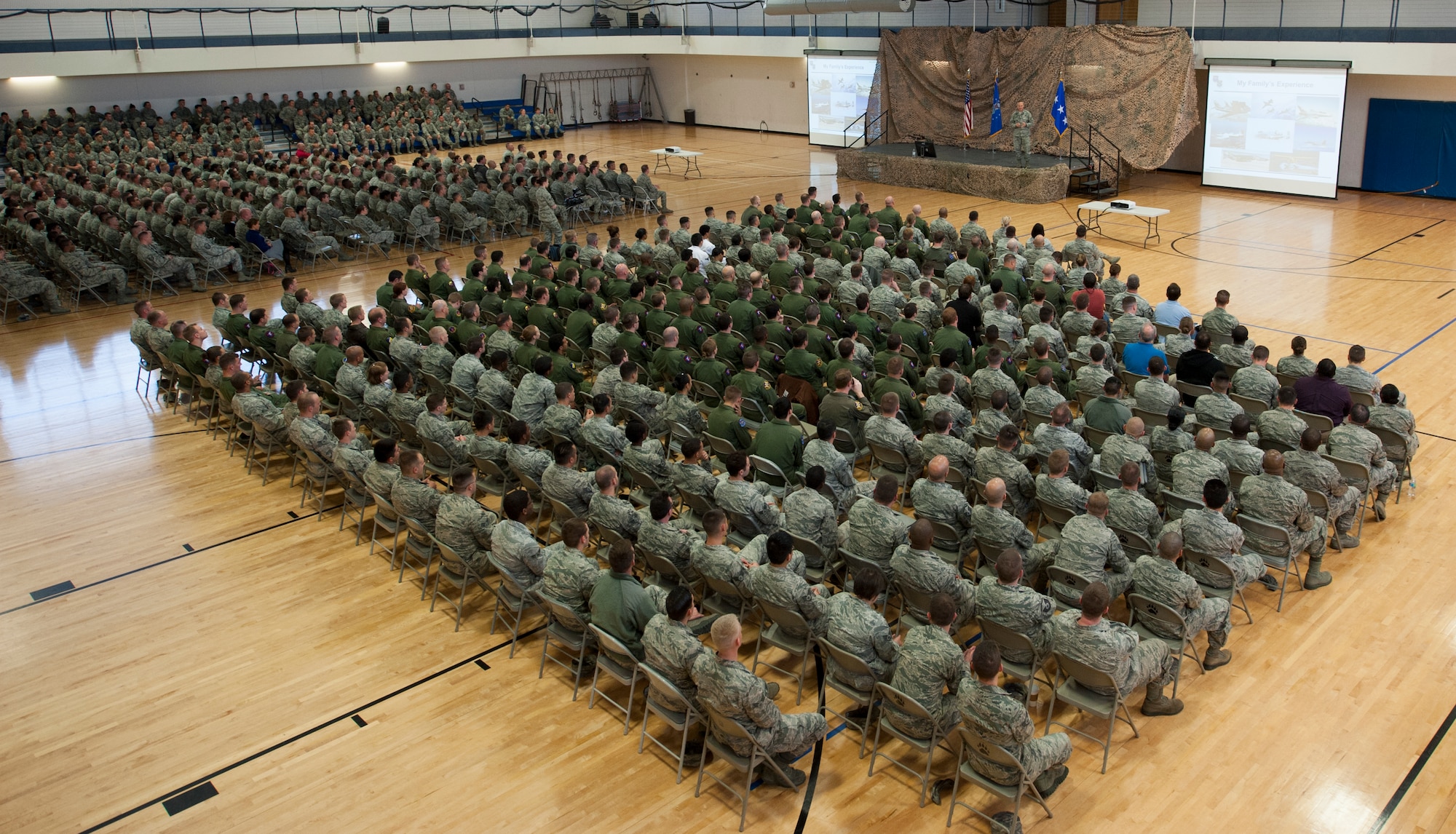 Lt. Gen. Chris Nowland, 12th Air Force commander, speaks to Holloman Airmen during an all-call, Feb. 4, 2015 at Holloman Air Force Base, N.M. During the all-call, Nowland stressed the importance of getting and giving feedback, being a good wingman, having a plan, and being a leader in both actions and words. (U.S. Air Force photo by Airman 1st Class Emily A. Kenney/Released)