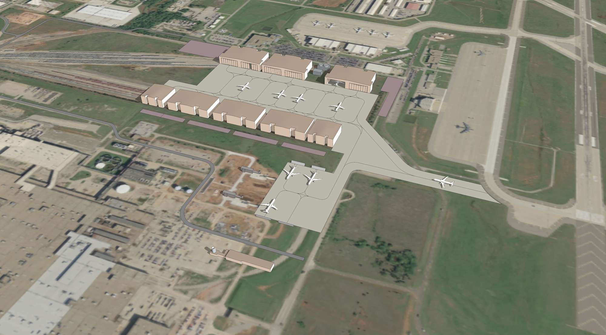 Pictured above is an artist’s rendering of the future KC-46A Pegasus Maintenance Campus to be built at Tinker AFB. On Wednesday, the Air Force acquired the land for the campus. (Air Force illustration)
