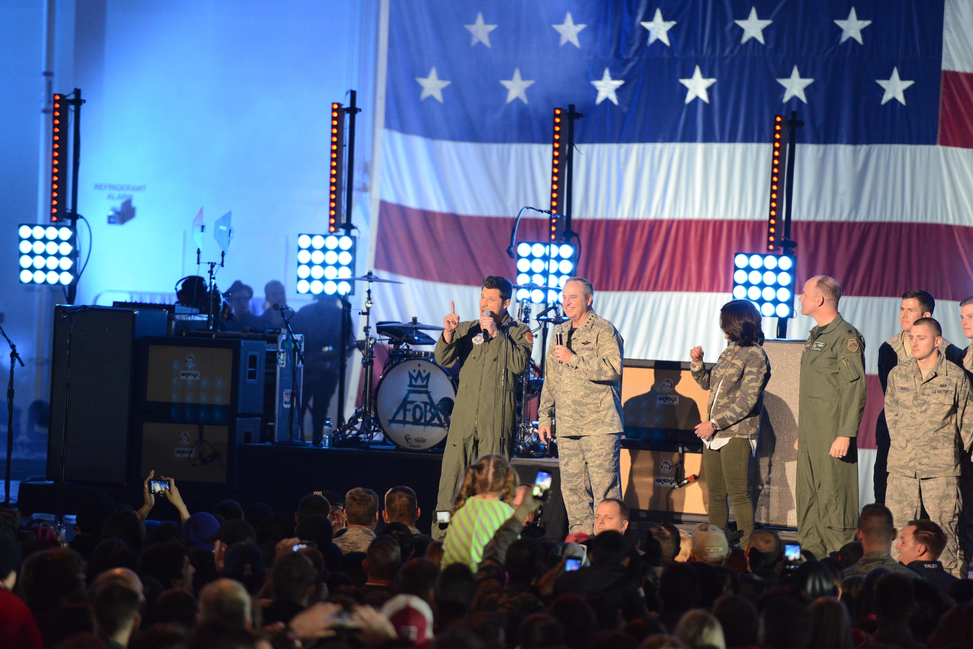 Nick Lachey and Gen. Mark Welsh, chief of staff of the Air Force, introduce Fall Out Boy during the concert. Charli XCX and Fall Out Boy came out to Luke to show support for the troops during a VH1 concert. (U.S. Air Force photo/Senior Airman James Hensley)