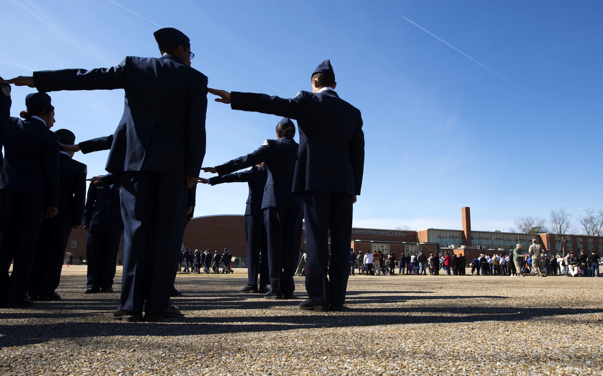 Air Force Junior ROTC cadets from Huntsville, Alabama, perform drill commands during the Larry Jones Invitational Drill Meet hosted by Robert E. Lee High School, Montgomery, Alabama, Jan. 31, 2015. Nineteen Junior ROTC units competed during the drill meet for the chance to win the Commander’s Trophy. (U.S. Air Force photo by Airman 1st Class Alexa Culbert/Cleared)