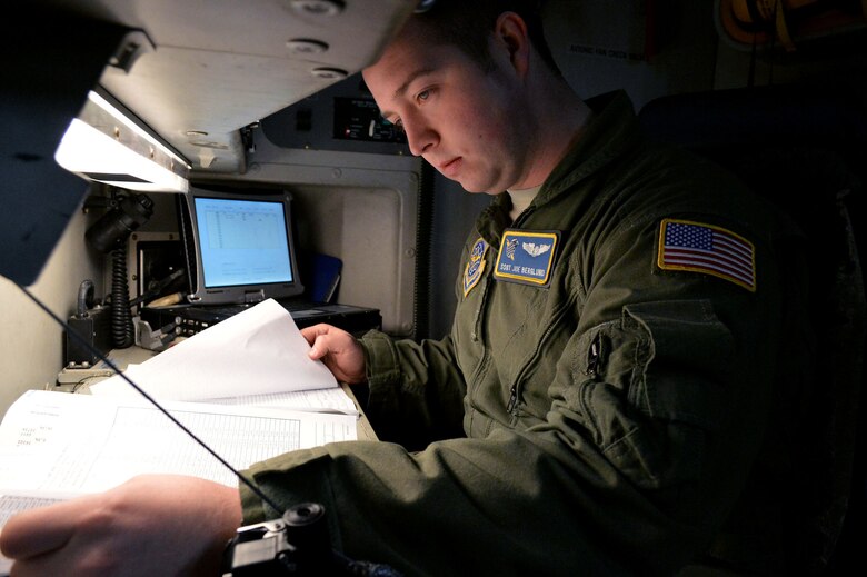 U.S. Air Force Staff Sgt. Joe Berglund, an aircraft loadmaster from the 43rd Operations Support Squadron, conducts preflight checks on a C-17 Globemaster III aircraft from the 437th Airlift Wing, Joint Base Charleston, South Carolina, during an Emergency Deployment Readiness Exercise on Jan. 27, 2015, on Green Ramp, Pope Army Airfield, North Carolina. Air Mobility Command's participation illustrates the critical partnership between Mobility Air Forces and the U.S. Army by exercising Joint Forcible Entry: the capability of rapidly introducing forces into hostile environments to conduct operations – whether combat or humanitarian support. (U.S. Air Force photo/Marvin Krause)