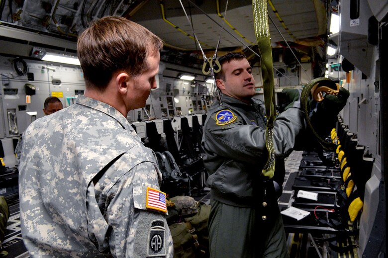 U.S. Air Force Staff Sgt. Andrew Reilly, an aircraft loadmaster from the 14th Airlift Squadron, Joint Base Charleston, South Carolina, right, and U.S. Army Staff Sgt. Trevor Miller, a jumpmaster safety from the 1st Squadron, 73rd Cavalry Regiment, 2nd Brigade Combat Team, 82nd Airborne Division, Fort Bragg, North Carolina, conduct equipment safety checks on a C-17 Globemaster III transport aircraft from the 437th Airlift Wing, Joint Base Charleston, South Carolina, during an Emergency Deployment Readiness Exercise on Green Ramp, Pope Army Airfield, North Carolina, Jan. 27, 2015. The Emergency Deployment Readiness Exercise assesses the 82nd Airborne Division’s deployment readiness tasks for a no-notice deployment—including alert, outload procedures, and deployment—tasks that are necessary to their mission success as the Joint Forcible Entry component of the nation's Global Response Force. (U.S. Air Force photo/Marvin Krause) 