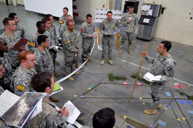 U.S. Army Maj. Joseph Da Silva, the operations officer for the 1st Battalion, 325th Airborne Infantry Regiment, 2nd Brigade Combat Team, 82nd Airborne Division, Fort Bragg, North Carolina, conducts a commander’s update briefing during an Emergency Deployment Readiness Exercise at Green Ramp, Pope Army Airfield, North Carolina, on Jan. 27, 2015. The Emergency Deployment Readiness Exercise assesses the 82nd Airborne Division’s deployment readiness tasks for a no-notice deployment—including alert, outload procedures, and deployment—tasks that are necessary to their mission success as the Joint Forcible Entry component of the nation's Global Response Force. (U.S. Air Force photo/Marvin Krause) 