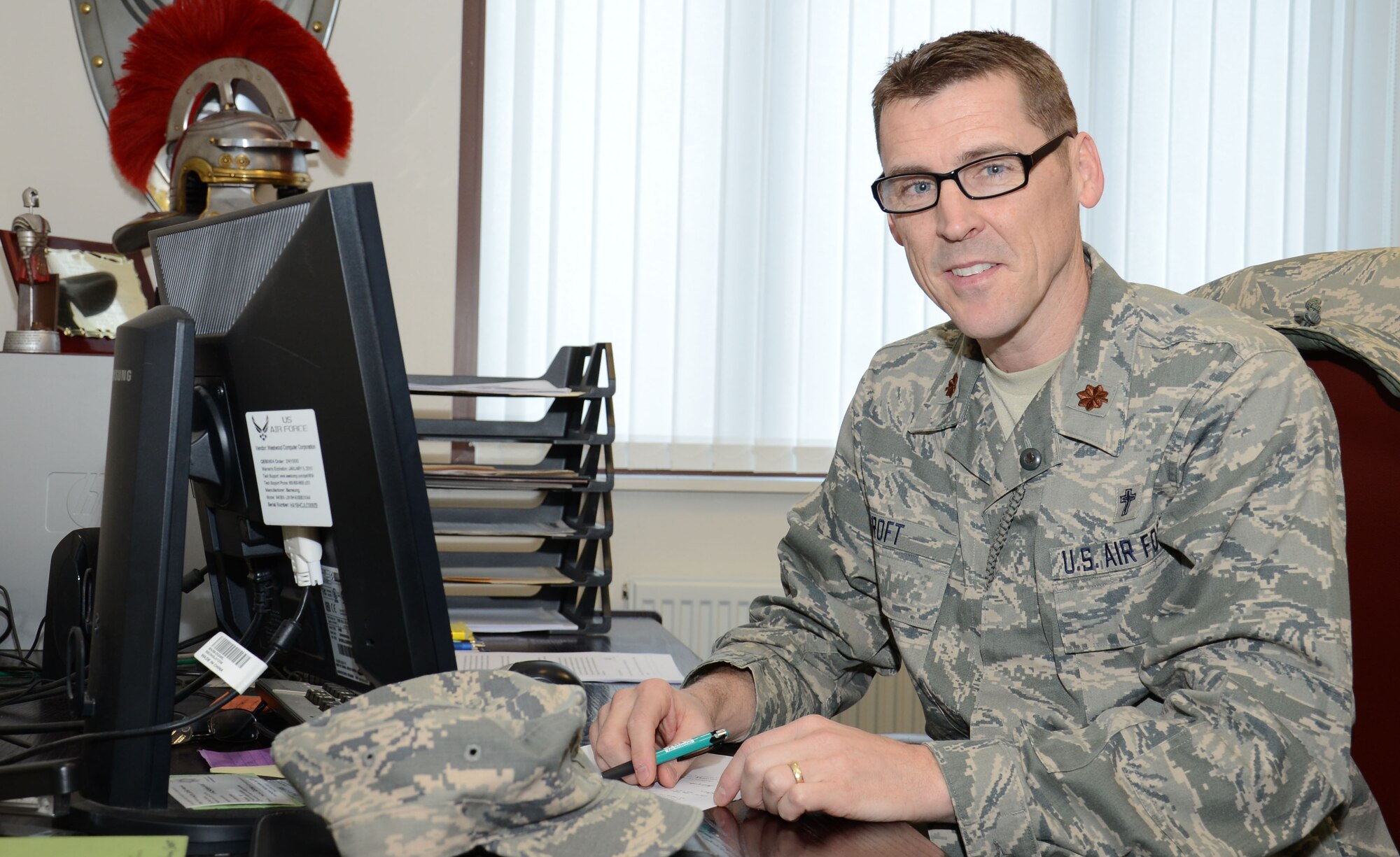 U.S. Air Force Chaplain (Maj.) Randy Croft, 100th Air Refueling Wing deputy wing chaplain from Walla Walla, Wash., poses for a photograph Feb. 3, 2015, in the chapel on RAF Mildenhall, England. Croft is the chaplain for the 100th Logistics Readiness Squadron, 95th Reconnaissance Squadron, 488th Intelligence Squadron and 727th Air Mobility Squadron. (U.S. Air Force photo by Gina Randall/Released)