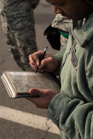 Members of the 25th Aircraft Maintenance Unit weapons load crew team examine items on their checklist before completing the contest during a quarterly load crew competition Feb. 6, 2015, at Osan Air Base, Republic of Korea. The competition is meant not only to test abilities, but to promote teamwork, camaraderie and a healthy rivalry among the units. (U.S. Air Force photo by Staff Sgt. Jake Barreiro)