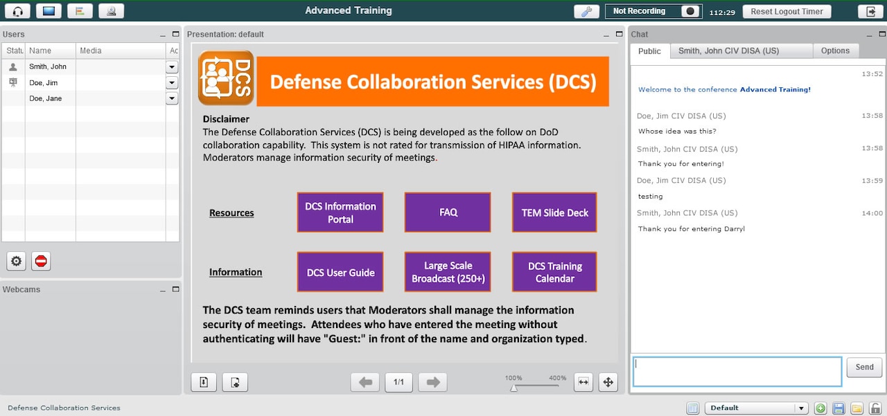 This screen shot shows the Defense Information Systems Agency’s new online collaboration tool, which offers Defense Department employees anywhere in the world secure Web conferencing, as well as secure instant messaging and chat capabilities. DISA photo illustration