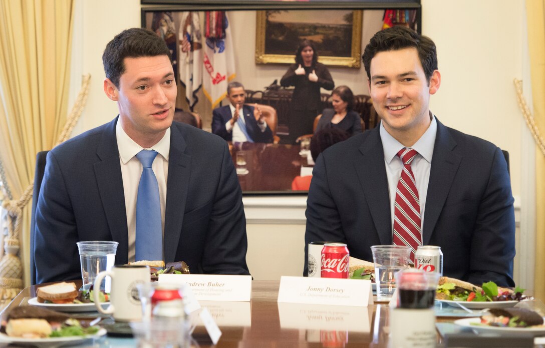 White House fellows participate in a meeting with Army Gen. Martin E. Dempsey, chairman of the Joint Chiefs of Staff, in Washington D.C., Feb. 5, 2015.
