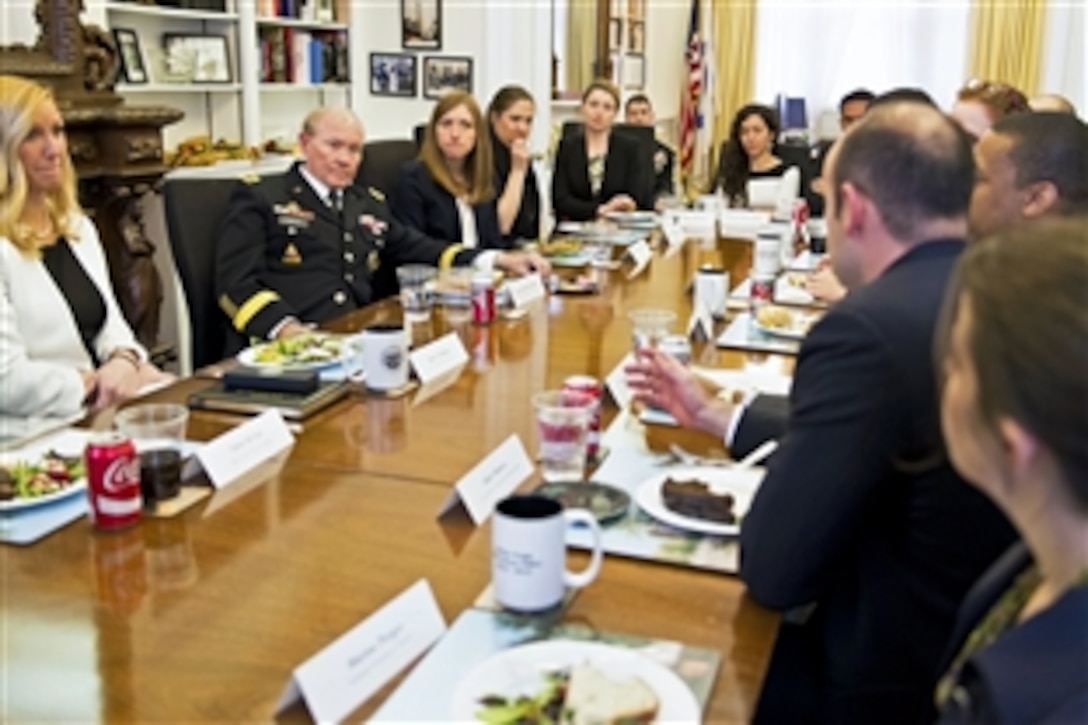 Army Gen. Martin E. Dempsey, chairman of the Joint Chiefs of Staff, meets with White House Fellows in Washington D.C., Feb. 5, 2015. The White House Fellows program offers exceptional young men and women firsthand experience working at the highest levels of the federal government.
