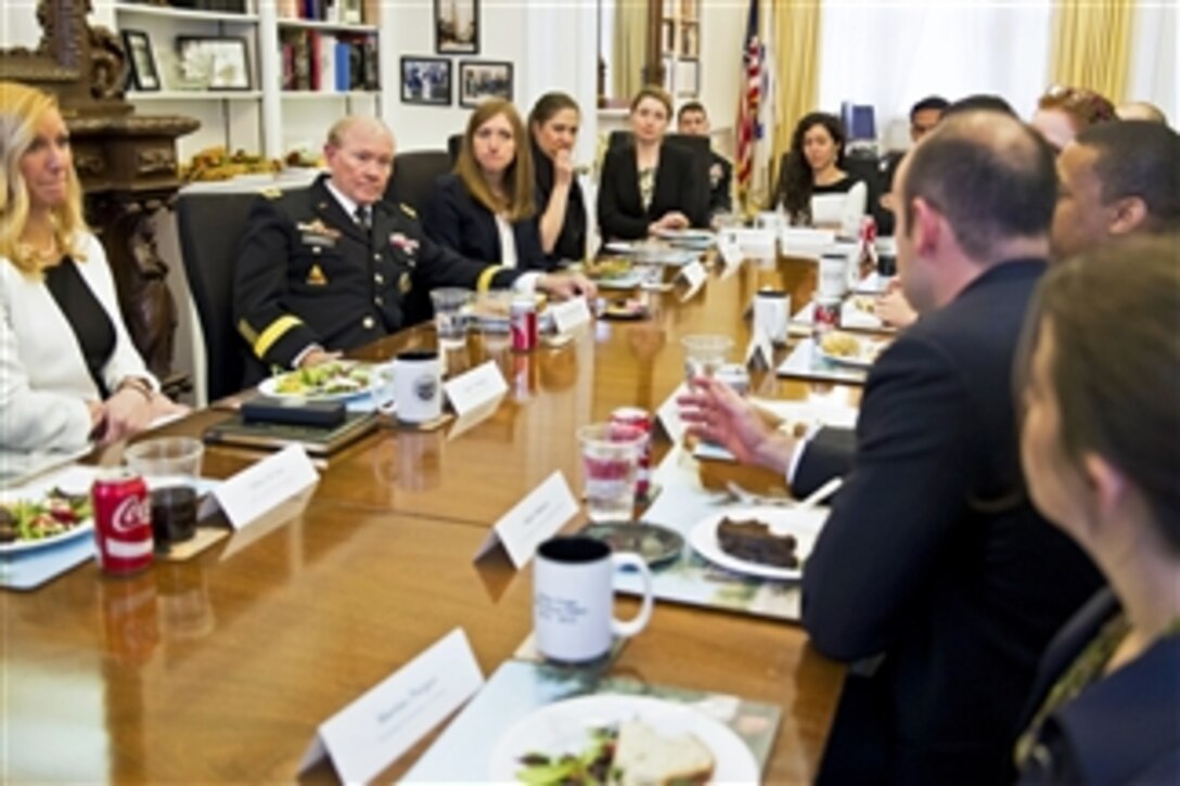 Army Gen. Martin E. Dempsey, chairman of the Joint Chiefs of Staff, meets with White House Fellows in Washington D.C., Feb. 5, 2015. The White House Fellows program offers exceptional young men and women firsthand experience working at the highest levels of the federal government.