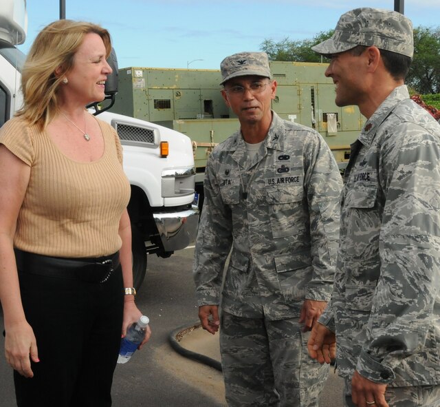 Secretary of the Air Force Deborah Lee James meets Eagle Vision leadership during her visit to the Hawaii Air National Guard at Joint Base Pearl Harbor-Hickam, Feb. 3, 2015. The Eagle Vision system is a deployable ground station for processing imagery received directly from commercial satellite platforms. (U.S. Air National Guard photo/Senior Airman Orlando Corpuz)
