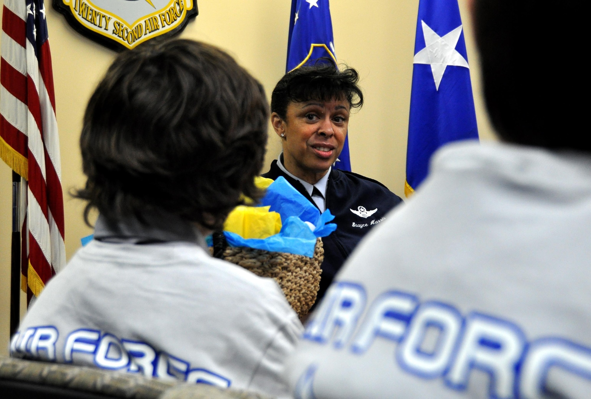 Maj. Gen. Stayce Harris, 22nd Air Force commander, answers a question for students from Bright Star Elementary in Douglasville, Ga. at the 22nd AF headquarters at Dobbins Air Reserve Base, Ga., Feb. 7, 2015. Ten students from Bright Star visited the installation to interview Harris for Black History month. (U.S. Air Force photo/Senior Airman Daniel Phelps)
