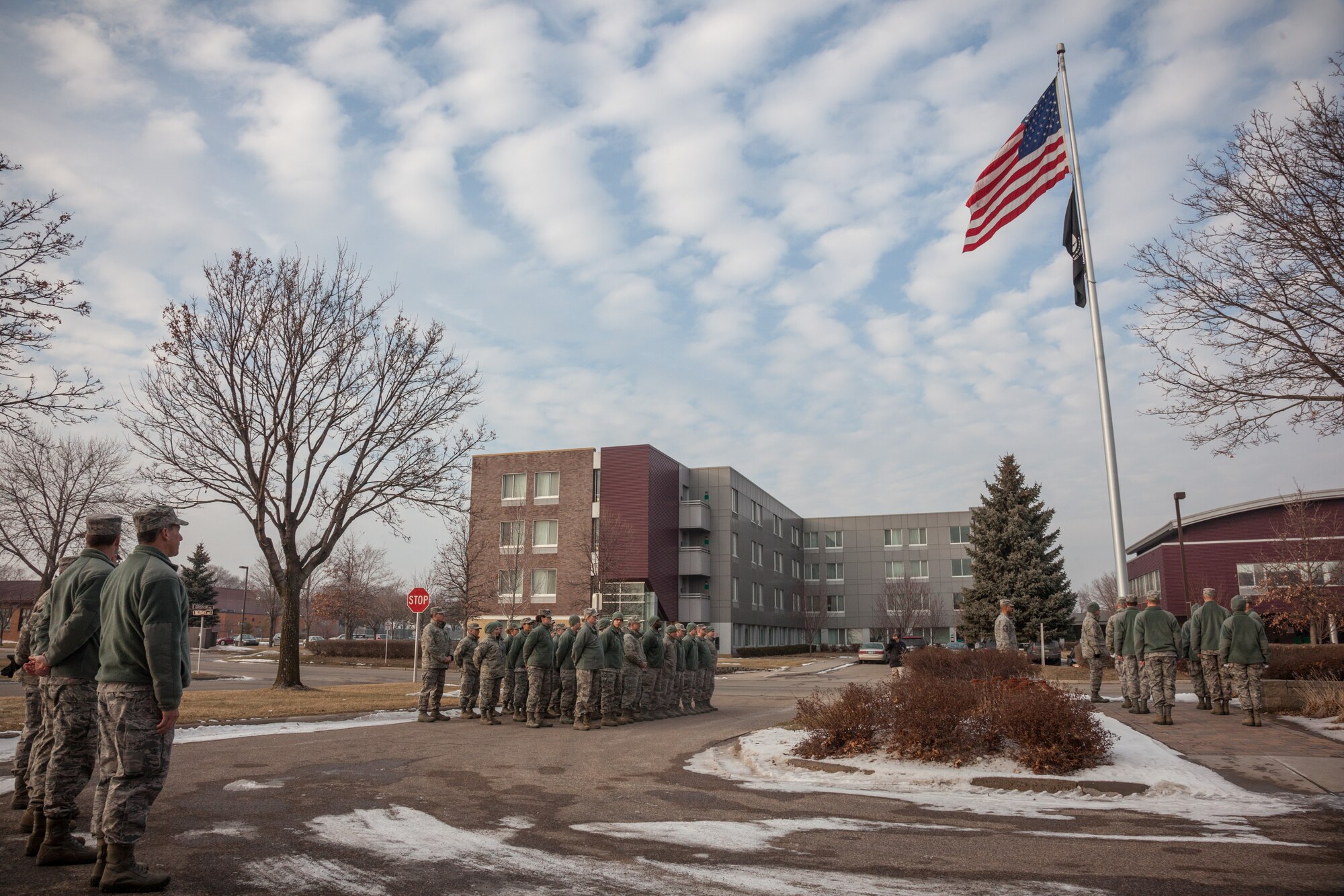 Members of the 934th Airlift Wing staff perform the retreat ceremony Saturday of the Unit Training Assembly weekend at the Minneapolis-St. Paul Air Reserve Station, Minn.  (U.S. Air Force photo by Shannon McKay/Released)