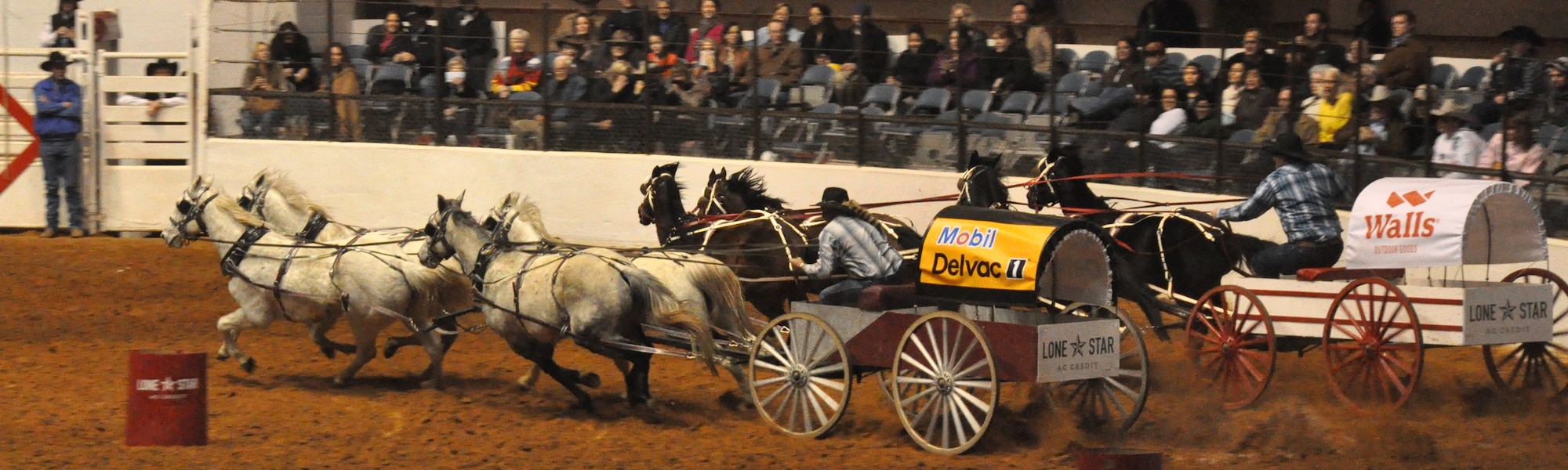 Two corporate sponsors compete Feb. 2 in a chariot race during the Fort Worth Stock Show and Rodeo, a 23-day show, featuring seven specialty rodeos and 1,200 professional cowboy and cowgirl athletes competing for championship titles. Every year, there is one day, designated as Military Appreciation Day, which honors veterans and their families. (U.S. Air Force photo/Master Sgt. Julie Briden-Garcia)