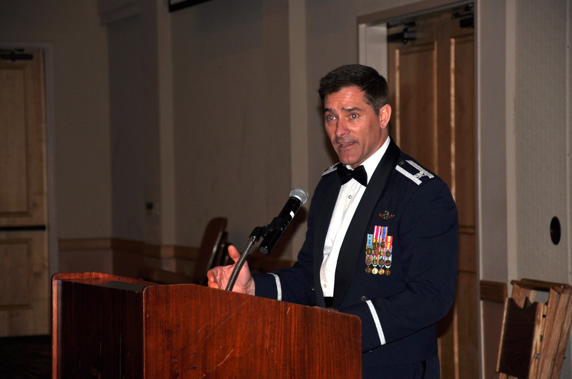 The 433rd Airlift Wing fourth Annual Awards Banquet's keynote speaker of the night was Col. William W. Whittenberger, Jr., commander, 433rd Airlift Wing, Joint Base San Antonio-Lackland. Whittenberger challenged this year’s winners to repeat as winners for the next year.  More than 300 Airmen, honorary commanders, family members and guests attended the event on Feb. 7, 2015, hosted by the First Sergeants Council at Joint Base San Antonio-Lackland, Texas. (U.S. Air Force by Tech. Sgt. Carlos J. Trevino)
