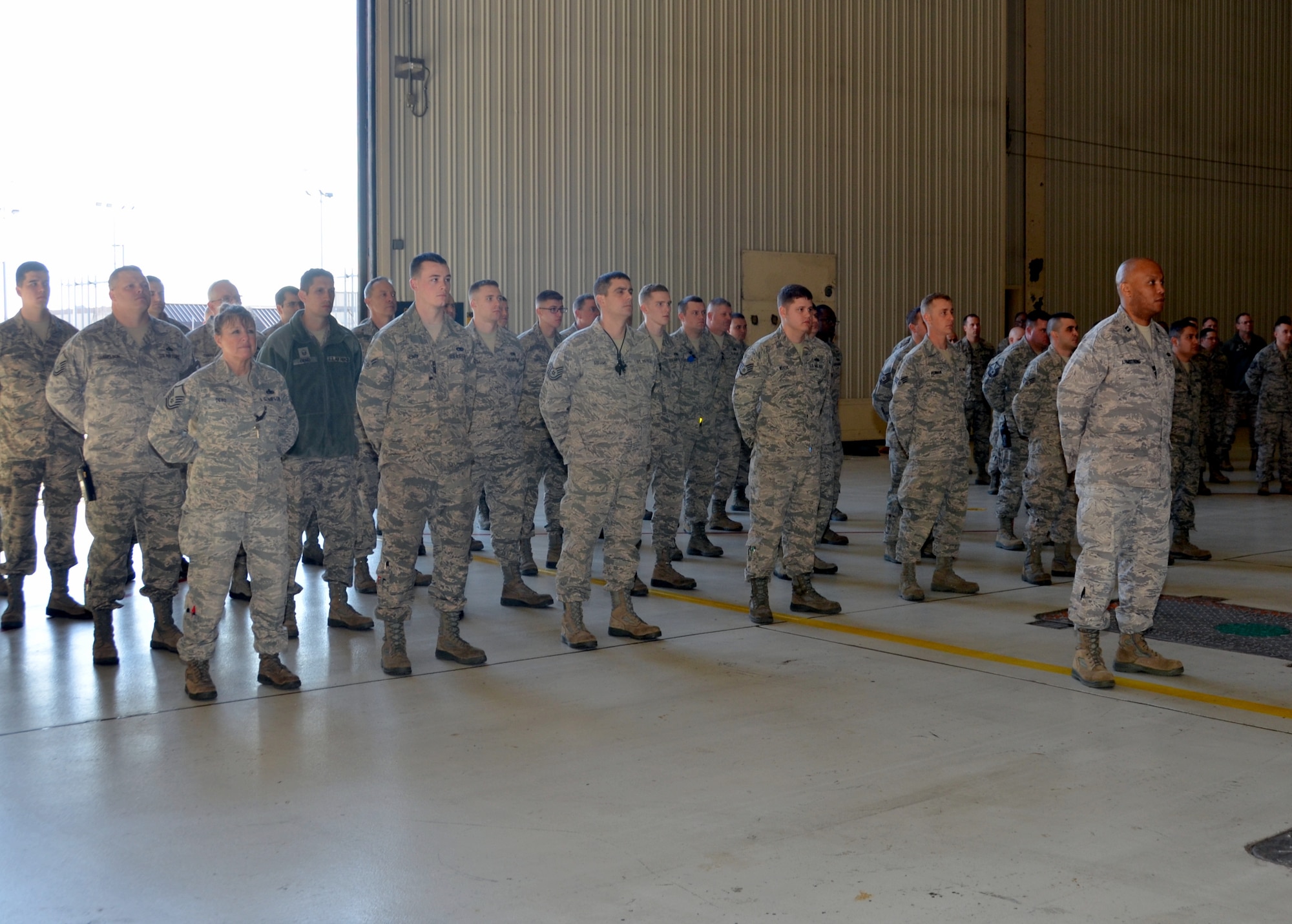 Members of the 131st Aircraft Maintenance Squadron stand in formation during Lt. Col. Matthew Calhoun’s 131st AMXS Assumption of Command ceremony at Whiteman Air Force Base, Mo., Feb. 7, 2015.