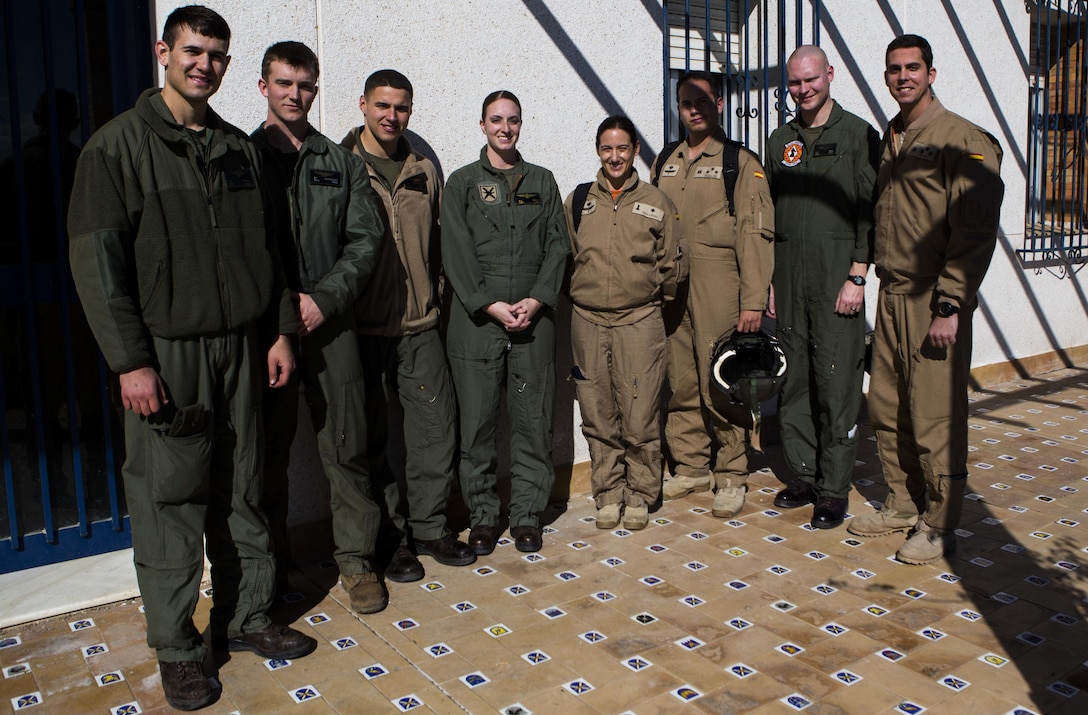 U.S. Marines with Special-Purpose Marine Air-Ground Task Force Crisis Response-Africa and Spanish Army pilots with Bhelma IV pose for a photo after a bi-lateral training exercise near Sevilla, Spain, Feb. 4, 2015. Partnership training exercises such as the once conducted between the two NATO forces help forge the unique bonds necessary to operate as partner forces during future operations. (U.S. Marine Corps photograph by Lance Cpl. Christopher Mendoza/Released)