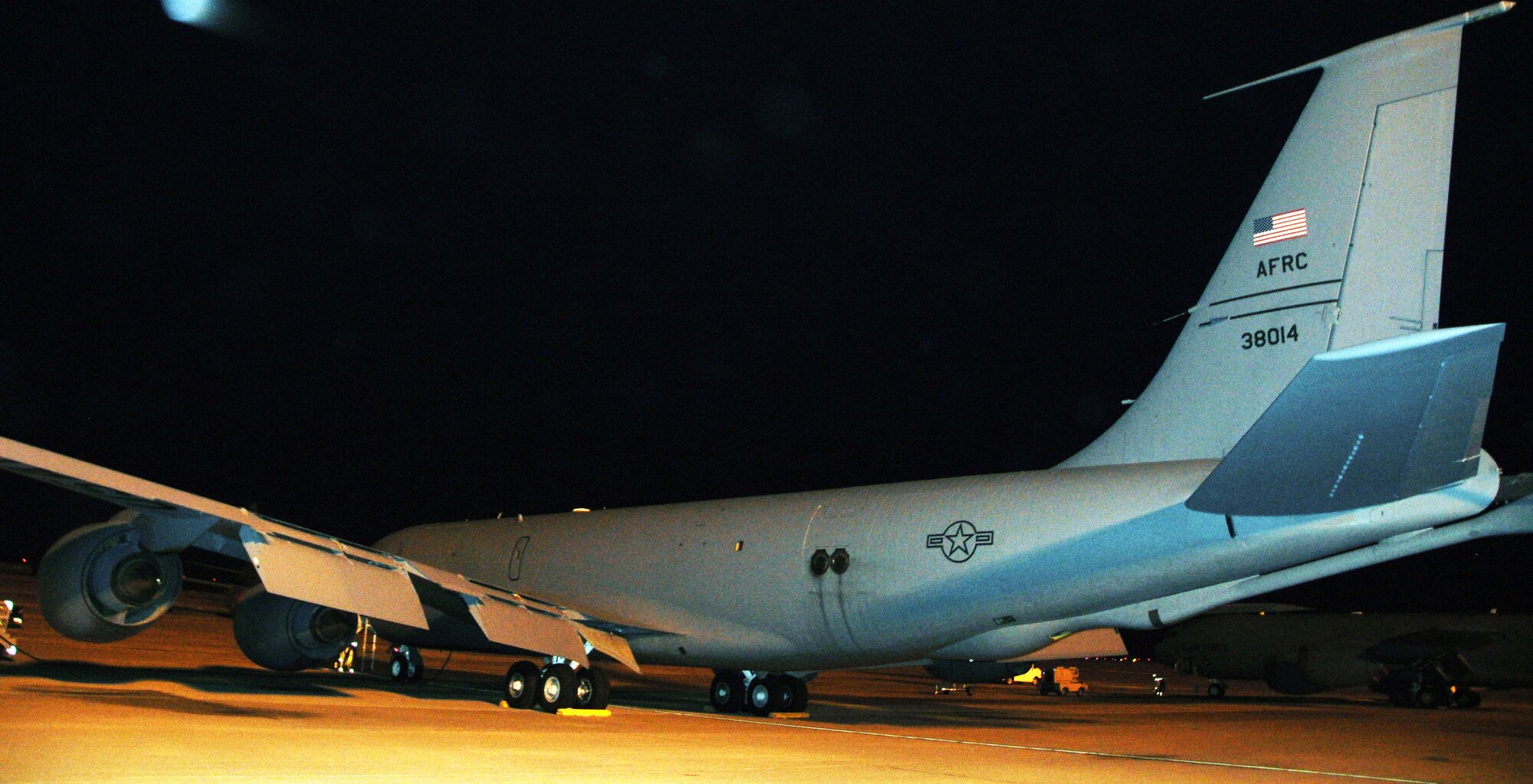 A KC-135 Stratotanker prepares for takeoff from McConnell Air Force Base, Kan., Feb. 5, 2015. The aircraft was operated by an aircrew from the Air Force Reserve 931st Air Refueling Group and was transporting members of the Reserve unit for deployment to Al Udeid Air Base, Qatar. While deployed, aircrew and support personnel from the 931 ARG will fly aerial refueling missions, perform aircraft maintenance and fill other support roles while assigned to the 379th Air Expeditionary Wing. (U.S. Air Force photo by Tech. Sgt. Abigail Klein)

