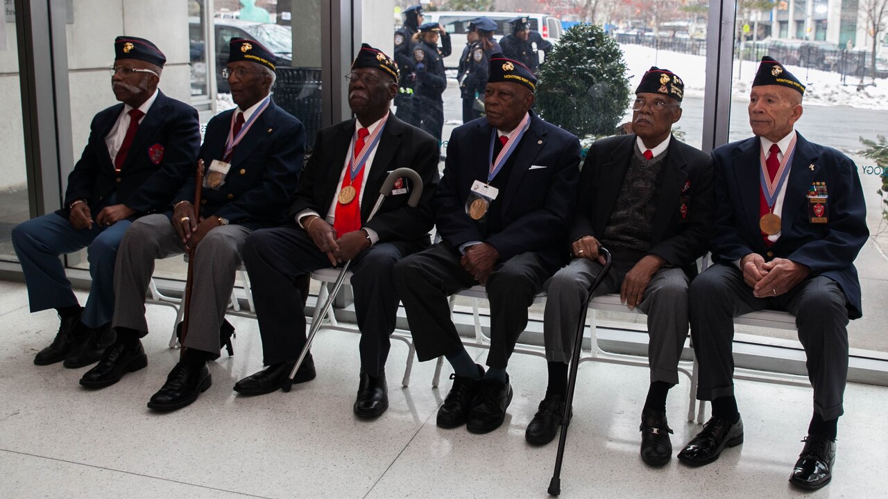 Surviving Montford Point Marines attend a ceremony for Sgt. Hiram L. Knowles to be awarded the Congressional Gold Medal on Feb. 7, 2015. Knowles was one of over 400 Montford Point Marines to be awarded since 2012. 