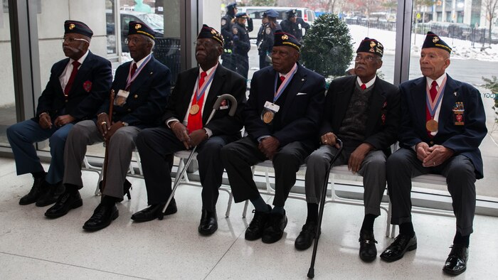 Surviving Montford Point Marines attend a ceremony for Sgt. Hiram L. Knowles to be awarded the Congressional Gold Medal on Feb. 7, 2015. Knowles was one of over 400 Montford Point Marines to be awarded since 2012. 
