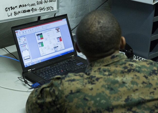 Sgt. John Waters with Combat Logistics Regiment 25, 2nd Marine Logistics Group, reviews a radio diagram during a tent exercise to further the unit’s abilities to communicate aboard Marine Corps Base Camp Lejeune, N.C., Jan. 28, 2015. The Marines spent the week keeping close tabs on the status of communication capabilities, ensuring that necessary information could be transmitted through the lower commands to the higher. Marines from CLR-25 worked with Marines from its supply and maintenance battalions transmitting information back and forth.  (U.S. Marine Corps photo by Pfc. Dalton A. Precht/released)