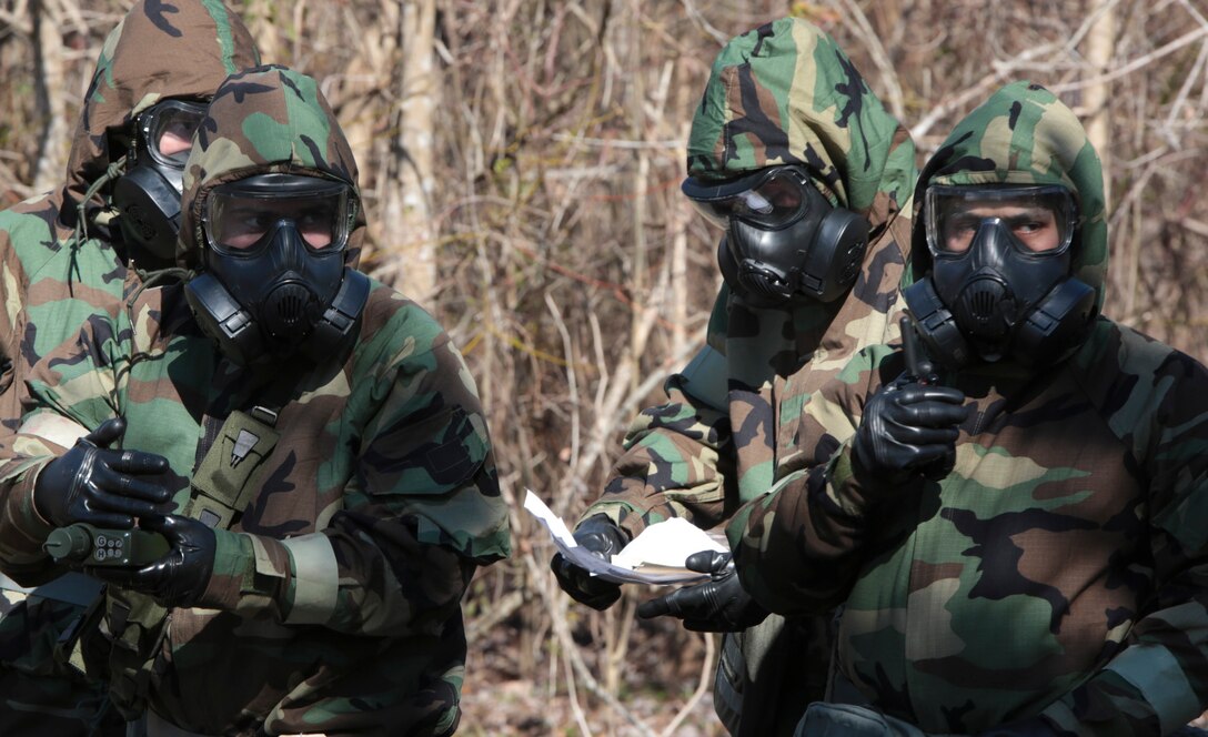 Marines from Marine Forces Reserve participate in a chemical, biological, radiological and nuclear defense training simulation aboard Naval Air Station Joint Reserve Base New Orleans, Feb. 5, 2015. Selected Marines from units throughout MARFORRES received the five-day CBRN training. Upon completion of training, the Marines are expected to return to their units and teach what they learned to other Marines. The CBRN defense training equips Marines from diverse units, with the proper knowledge and readiness needed to handle a real combat zone situation.   (U.S. Marine Corps photo by Lance Cpl. Ian Ferro)
