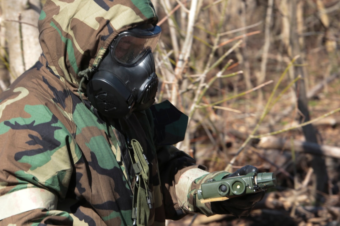 Marines from Marine Forces Reserve used Joint Chemical Agent Detectors to detect and identify chemical agents during a chemical, biological, radiological and nuclear defense training simulation aboard Naval Air Station Joint Reserve Base New Orleans, Feb. 5, 2015. The JCAD is a vital piece of equipment for CBRN Marines. It detects, identifies and shows the density of chemical agents in their vapor form. The CBRN defense training equips Marines from diverse units, with the proper knowledge and readiness needed to handle a real combat zone situation.   (U.S. Marine Corps photo by Lance Cpl. Ian Ferro)