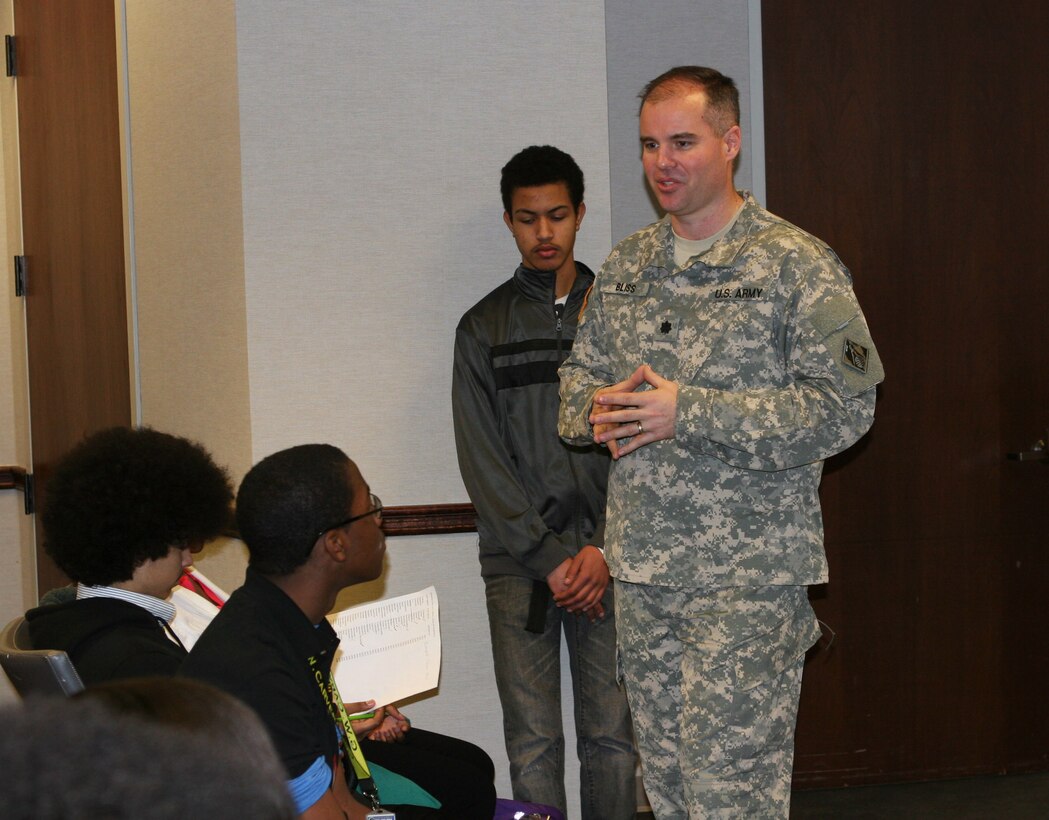 USACE Philadelphia District Commander Lt. Col. Michael Bliss, speaks with Philadelphia high school students during a Shadowing Day event in February of 2015. The students attend the High School for Creative and Performing Arts (CAPA) and the Carver High School of Engineering and Science.