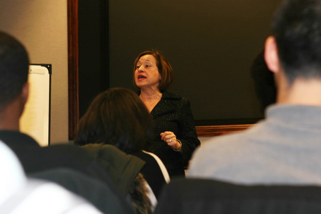 Sara Manzano-Díaz, GSA Mid-Atlantic Regional Administrator, speaks with Philadelphia high school students during a Shadowing Day event in February of 2015. The students attend the High School for Creative and Performing Arts (CAPA) and the Carver High School of Engineering and Science. 