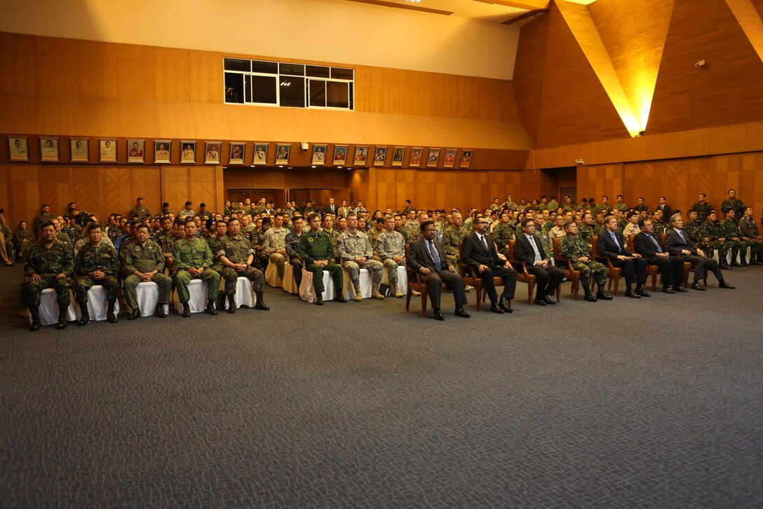 Representatives of the multilateral forces participating in Cobra Gold 15 await the beginning of the opening ceremony at the Armed Forces Academy Preparatory School in Nakhon Nayok, Thailand, on Feb. 9, 2015. Exercise Cobra Gold provides a platform for participating partner militaries to promote regional prosperity, security and cooperation among participating nations, which include Thailand, the U.S., Singapore, Japan, Republic of Korea, Indonesia, Malaysia, India and the People’s Republic of China as well as observers from other countries in the Pacific. 