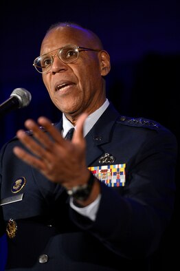 Air Force Vice Chief of Staff Gen. Larry O. Spencer welcomes several hundred high school students to the 29th Black Engineer of the Year Award Science, Technology, Engineering and Science Conference Feb. 5, 2015, in Washington, D.C. During the conference, Spencer and several general officers and senior executive service members led small mentorship groups. (U.S. Air Force photo/Scott M. Ash)