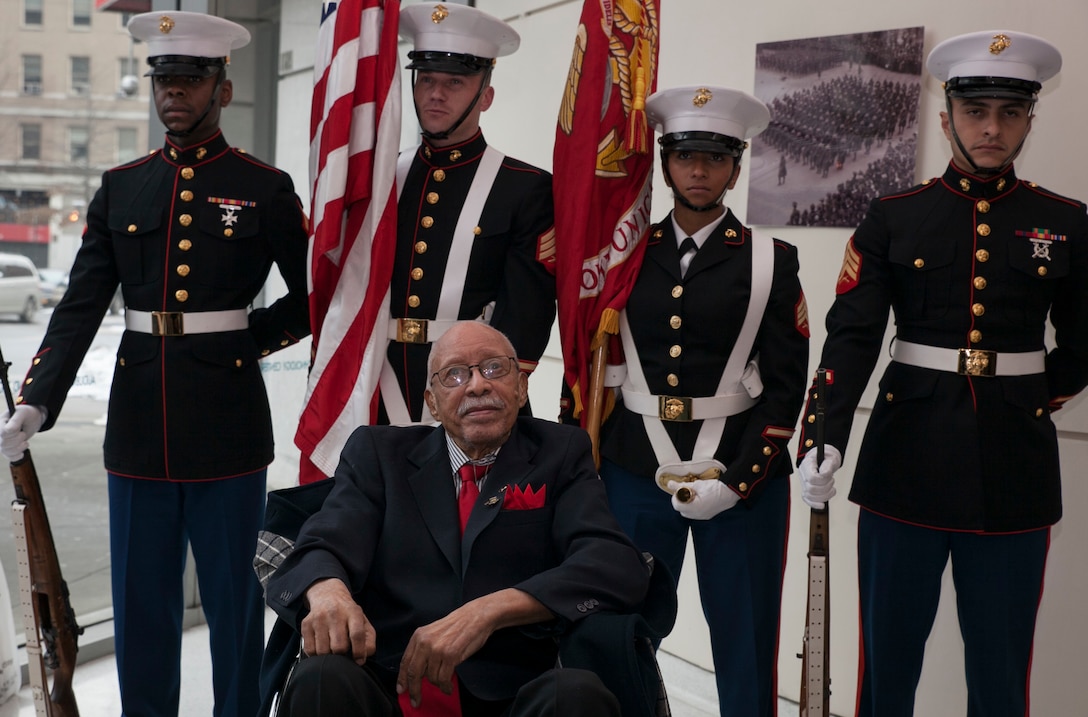 Hiram Knowles poses for a photo at the conclusion a ceremony to award him the Congressional Gold Medal on Feb.7, 2015. Knowles was one of over 400 Montford Point Marines to be awarded since2012. (U.S. Marine Corps photo by Cpl. Elizabeth Thurston)