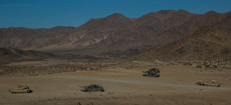 M1A1 Abrams Main Battle Tanks move through the “Delta Prospect” training area Jan. 2 at Marine Air Ground Combat Center Twentynine Palms during the Integrated Training Exercise 2-15 Tank Mechanized Assault Course . The TMAC allows ground and air elements of the Marine Air-Ground Task Force to train together. The Marines are with Company D, 1st Tank Battalion, 1st Marine Division, I Marine Expeditionary Force. 
