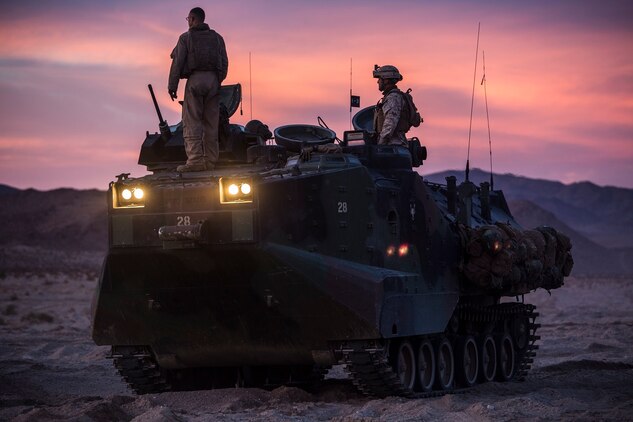 Assault amphibious vehicles are used to mobilize infantry units during the Integrated Training Exercise 2-15 Tank Mechanized Assault Course Feb. 2 at Marine Air Ground Combat Center Twentynine Palms. AAVs are used to get infantry in the fight fast. The AAVs that were used during the TMAC are with Company D, 3rd Assault Amphibian Battalion, 1st Marine Division, I Marine Expeditionary Force. 