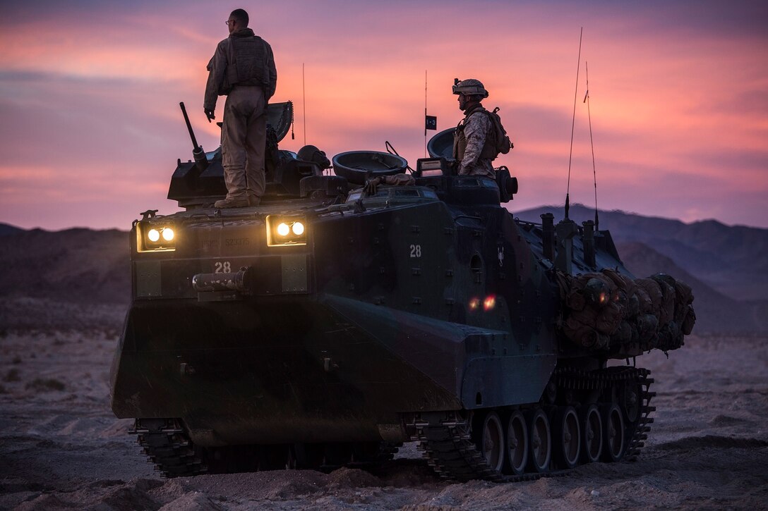 Assault amphibious vehicles are used to mobilize infantry units during the Integrated Training Exercise 2-15 Tank Mechanized Assault Course Feb. 2 at Marine Air Ground Combat Center Twentynine Palms. AAVs are used to get infantry in the fight fast. The AAVs that were used during the TMAC are with Company D, 3rd Assault Amphibian Battalion, 1st Marine Division, I Marine Expeditionary Force. 