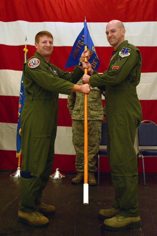 Lt. Col. J. Scott Gibson, commander of the 495th Fighter Group’s Detachment 176, receives command from Col. James D. McCune, 495th Fighter Group commander, during an assumption of command ceremony in Hangar 406 on Truax Field, Madison, Wis., Feb. 7, 2015. Gibson will ultimately be responsible for 40 active duty personnel and four pilots at the 115th Fighter Wing as part of the Air Force’s total force integration, a program designed to integrate active duty and guard Airmen. (U.S. Air National Guard photo by Senior Airman Andrea F. Rhode)