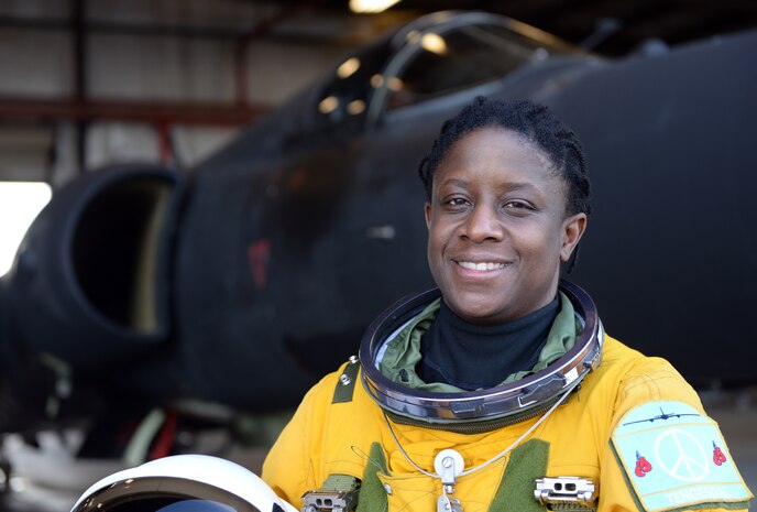 Lt. Col. Merryl Tengesdal, 9th Reconnaissance Wing inspector general and U-2 Dragon Lady pilot, in front of a U-2 Feb. 9, 2015, at Beale Air Force Base, Calif. Tengesdal is the only black female U-2 pilot in history. (U.S. Air Force photo by Senior Airman Bobby Cummings/Released)