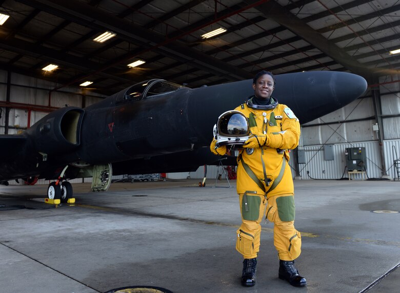 Lt. Col. Merryl Tengesdal, 9th Reconnaissance Wing inspector general and U-2 Dragon Lady pilot, in front of a U-2 Feb. 9, 2015, at Beale Air Force Base, Calif. Tengesdal is the only black female U-2 pilot in history. (U.S. Air Force photo by Senior Airman Bobby Cummings/Released)