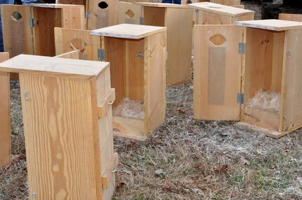 Wood duck boxes filled with nesting material are ready to be installed at Fort Eustis, Va., Feb. 7, 2015. The boxes supplement natural wood duck nesting cavities and offer a safer place to nest. (U.S. Air Force photo by Master Sgt. April Wickes/Released)