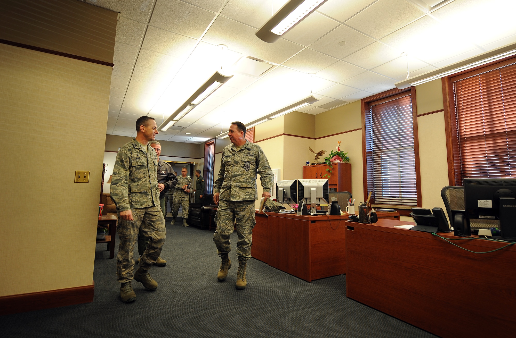 U.S. Air Force Maj. Gen. John N.T. Shanahan, 25th Air Force commander, receives a guided tour of the newly renovated Building 49 by U.S. Air Force Col. Charles Kuhl, 55th Mission Support Group commander, Offutt Air Force Base, Neb. on Jan. 27. The renovated facility is home to the 55th MSG as well as the 55th Force Support Squadron. (U.S. Air Force photo by Josh Plueger/Released)